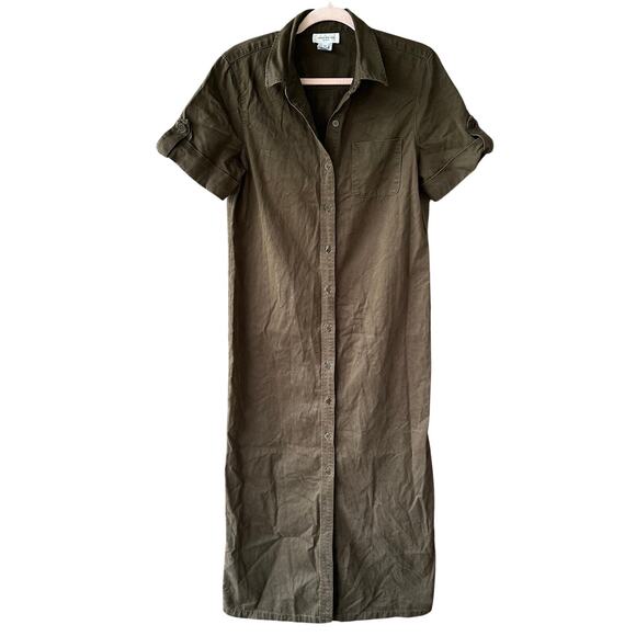 Sz 10 Vintage Jones NY Olive Green Button Up Maxi Dress USA Made 90s Safari Chic - Picture 1 of 7